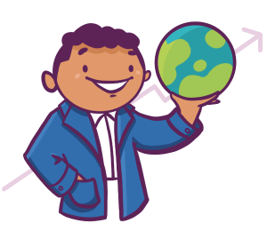 An illustration of a man wearing a blue blazer, holding a globe in ahis hand against the backdrop of a graph. 